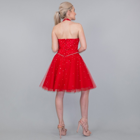 Red Fit Flare Halter Cocktail Homecoming Dress - Picture 5 of 8